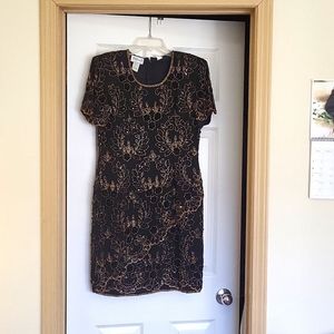 Fancy Cocktail Dress, black/gold, bead/sequins, size 10, like new, Brand Stenay